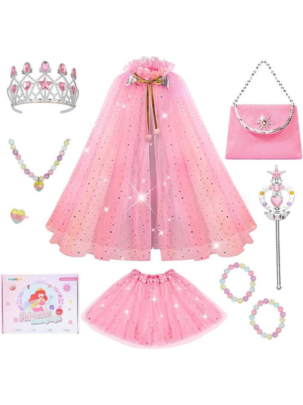 Princess Dress Up Cape with Crown & Tutu Costume Set for Girls Ages 3-8-Pink